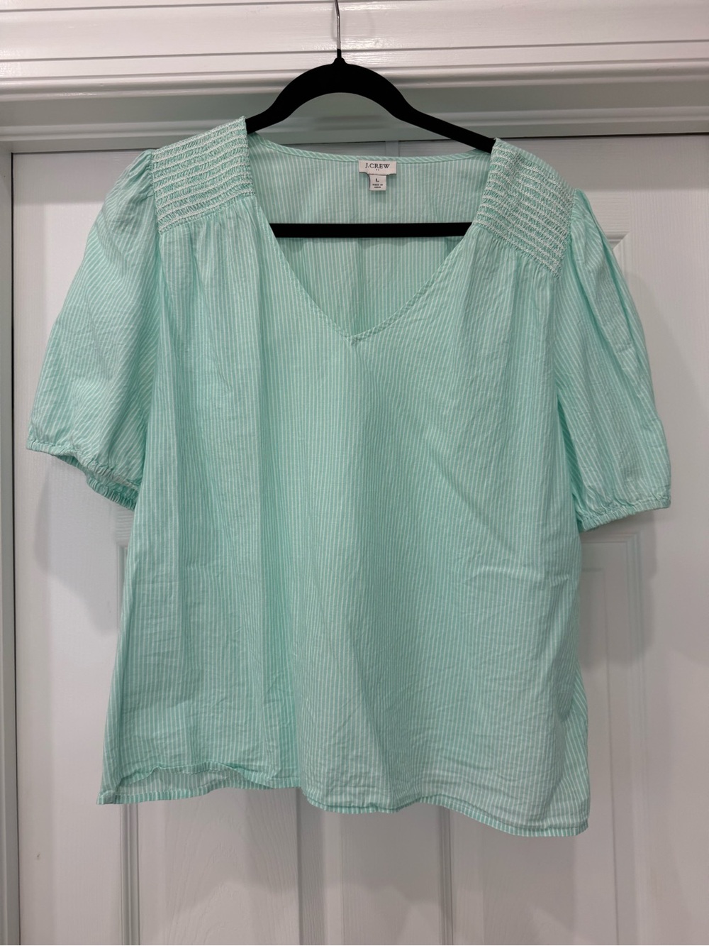 J. Crew Mint Green Striped V-Neck Puff Sleeve Top